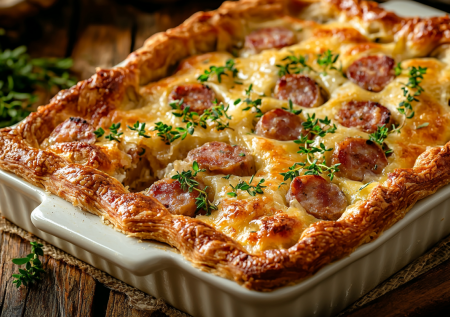Быстрый пирог с сосисками и сыром! Станет любимым вариантом перекуса