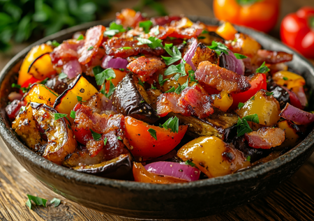 Салат из печеных баклажанов и перцев с беконом! Эту закуску оценят все