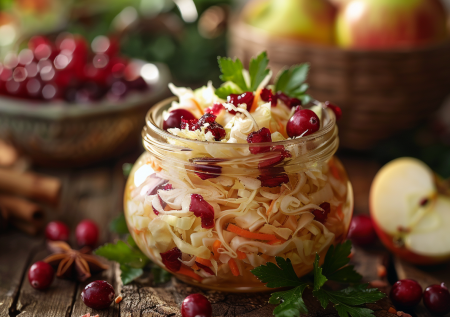 Маринованная капуста с клюквой и яблоком в медовой заливке