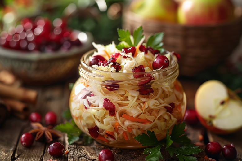 Маринованная капуста с клюквой и яблоком в медовой заливке