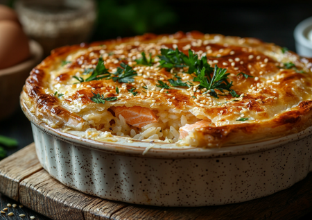 Заливной пирог с консервой, рисом и жареным луком — сытный и простой