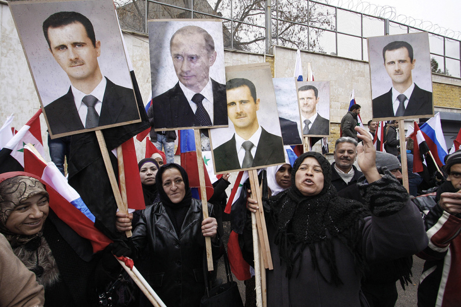 Cирийцы с портретами Башара Асада и Владимира Путина в Дамаске, 2012 год