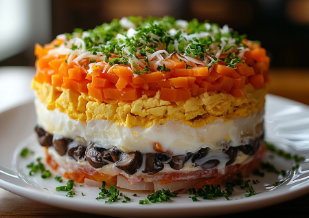 Некалорийный и обалденно вкусный: слоёный салат с грудкой, морковью и грибами
