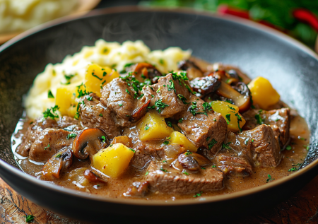 Рецепт от бабушки-кулинара! Бефстроганов с белыми грибами! Вкусно с картофельным пюре и ржаным хлебом
