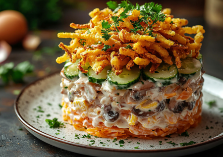 Салат «Царская охота» обошел по продажам в кулинариях оливье! Вкуснятина с картошкой фри