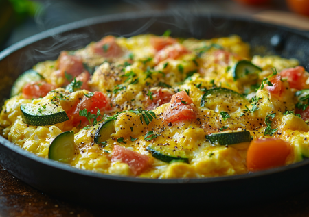 Яичница-болтунья с кабачками, помидорами и сыром: в копилку вкуснейших завтраков