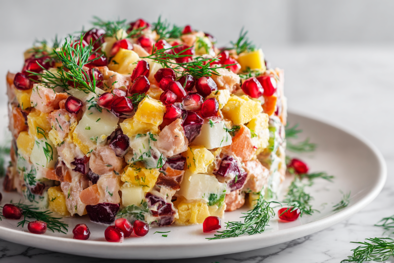 Рецепт оливье с копченой курицей и гранатом