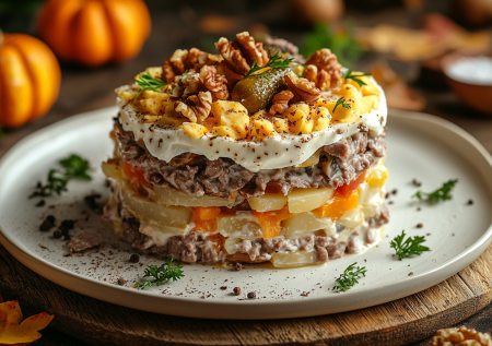 Слоеный салат с говядиной и грибами: осенняя симфония вкусов — просто и безумно вкусно