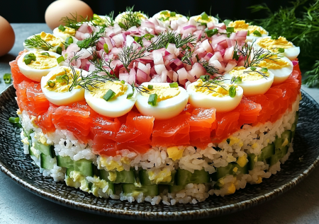 Слоеный суши-салат понравится даже консерваторам: вкуснейшая закуска с красной рыбой и рисом