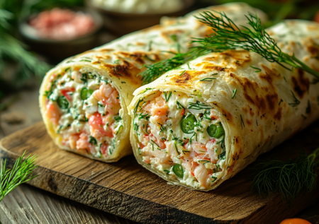 Рулет из лаваша с крабовыми палочками и зеленым луком: особо вкусный из-за копченой пасты