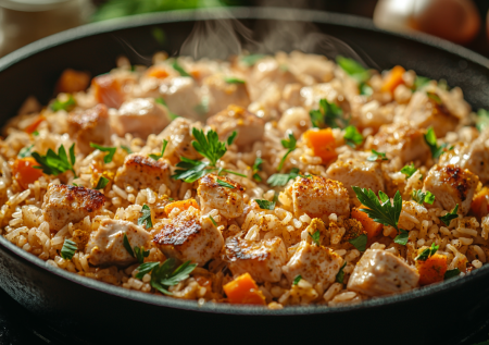 Быстрый плов на сковороде: нежирный вариант с курицей и сливочным маслом