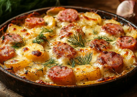 Картошка с колбасками по-охотничьи: сырно-чесночная корочка покорит всех