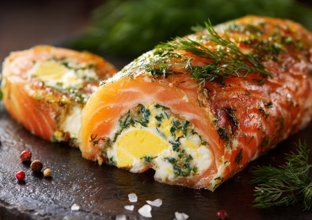 Рулет из горбуши с яйцом и зеленью — вкусный и горячим, и холодным! Секрет в красивой начинке!
