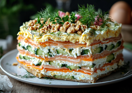 Закусочный торт из лаваша за 20 минут: обалденная начинка из копченой курицы и яиц