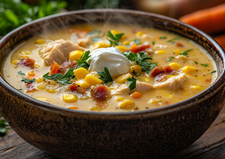 Этот шикарный суп готовится просто! Нужен бекон, копченая курица и кукуруза