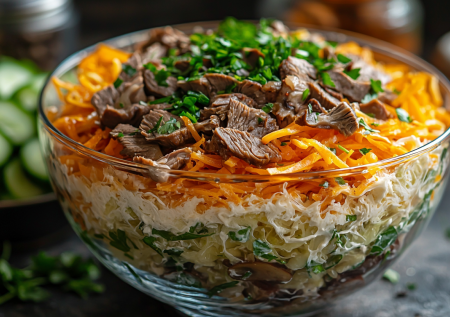 Салат «Обжорка» с говядиной и грибами: обалденное сочетание простых продуктов