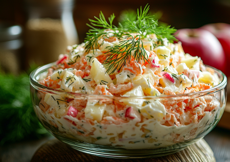 Вкусный салат с крабовыми палочками и яблоком: его текстура просто тает во рту