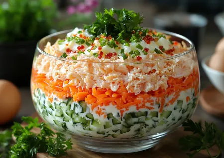 Необычный крабовый салат с морковью по-корейски и сыром — этот шедевр готов за 10 минут! Пальчики оближешь