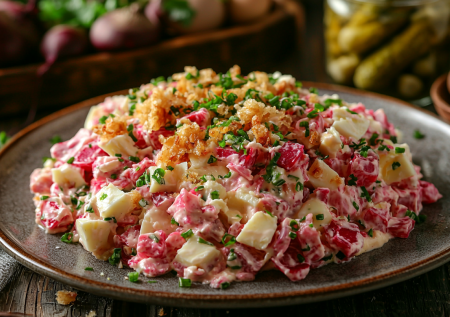 Если дома есть свекла, готовлю этот салат с жареным луком: вкуснее и сытнее винегрета