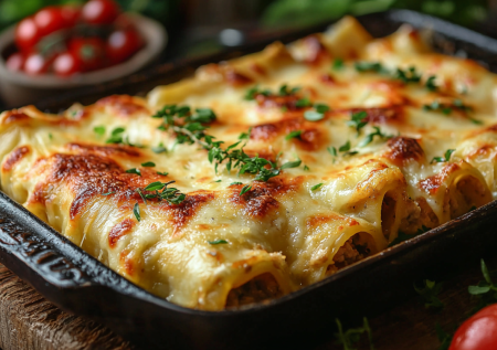 Каннеллони с двойной начинкой: мясной фарш под сырной корочкой — семейный ужин по-итальянски