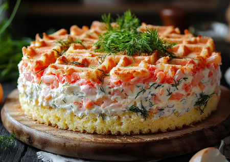 Улетная закуска из крабовых палочек — закусочный торт с вафельными коржами! Готовьте вкуснятину и сохраняйте рецепт