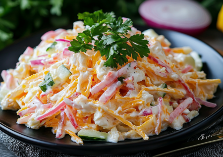 Обалденный салат «Щепки» с крабовыми палочками и сулугуни. Очень вкусный и выглядит празднично — весь секрет в необычном соусе