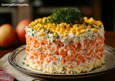 Рецепт подсмотрела у турецкой хозяйки! Вкусный и легкий салат «Кучеряшка» с курицей и яблоками — сочный и несложный