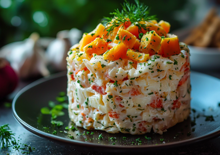 Оливье больше не делаю. Нашла рецепт лучше — сочный и вкусный салат «Крабовая слойка». 4 ингредиента, а такая вкуснота