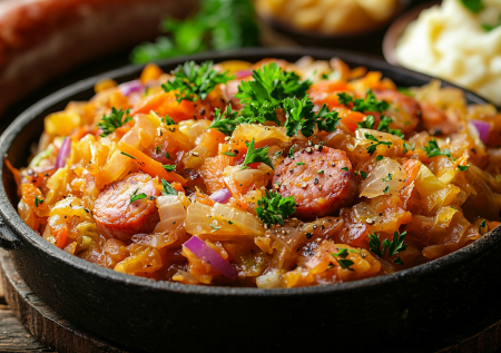 Тушёная капуста по‑немецки: простой рецепт, но семья сметает сковородками — подаю с жареной колбаской, рулькой или котлетами