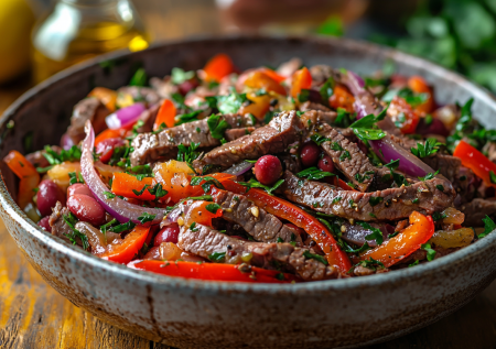 Надоела майонезная жижа? Готовим обалденный салат с говядиной и фасолью: заправка из маринованного лука делает его вкуснейшим и легким