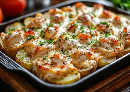 «Курица под снегом»: рецепт сочной грудки с картошкой в сметане на одном противне