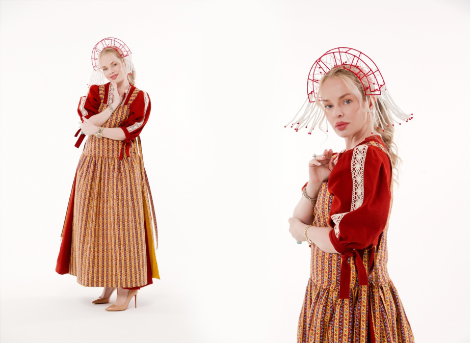 Платье из коллекции «Переосмысление», «Шуйские Ситцы», кокошник — Лаборатория «Цветень», Институт искусств РГУ им. А. Н. Косыгина