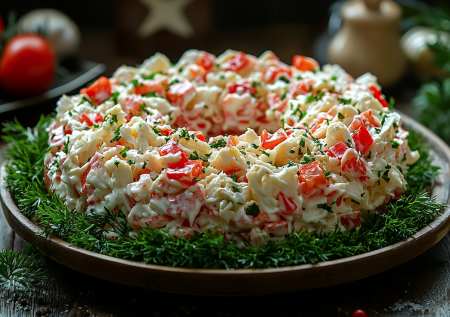 Салат «Красное море» с крабовыми палочками: простой рецепт без слоев и времени на пропитку