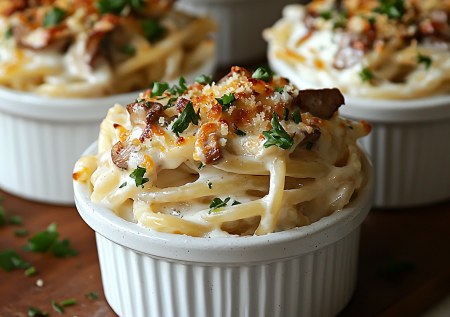 Трачу всего полчаса вместе с запеканием! Гнезда «Жюльен» — нужны грудка, грибы и паста: ужин для большой семьи