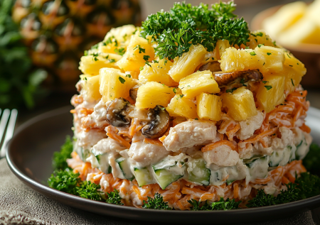 Салат «Тропикана»: сколько ни ем, все мало — слоеная вкуснятина на ужин или праздник