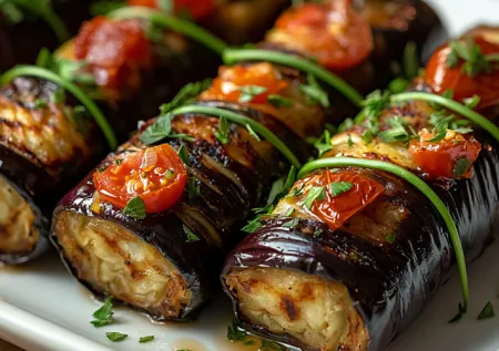 Пошаговый рецепт: баклажанные рулетики с помидорами и пикантным соусом