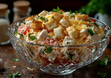 Салат с копченой курицей и чесночными гренками: все элементарно — не нужно ждать, пока пропитается