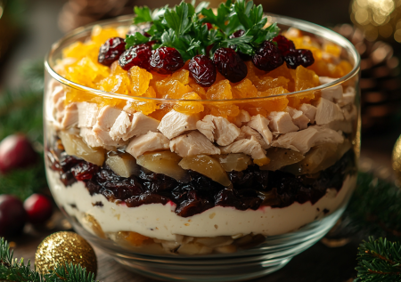 Новогодний салат «Скандинавская сказка» потеснил все привычные: необычное сочетание копченой курицы, чернослива и грибов — хит на праздники