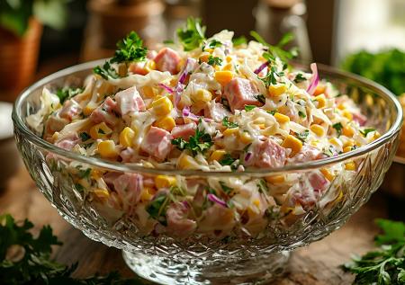 Нарезал — и готово: салат, для которого ничего не нужно варить — с ветчиной и сметанной заправкой