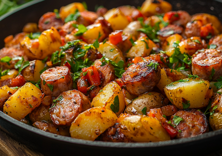 Нажористый салат-сковорода: готовлю с охотничьими колбасками и картошкой за 30 минут