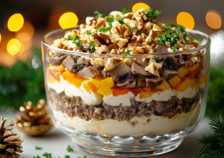 Салат «Наполеон» на Новый год: вкусный стол без лишней мороки — собирается быстро, но выглядит по-ресторанному эффектно