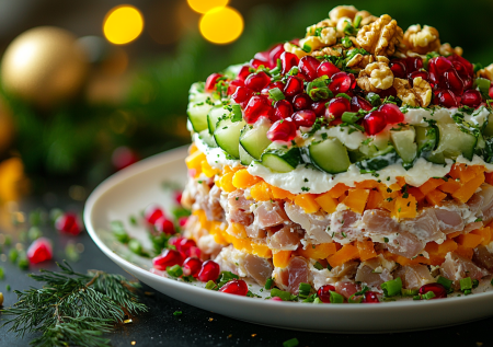 Салат «Новогодний фейерверк» из печени: бюджетная закуска на Новый год. Фишка в красивом оформлении