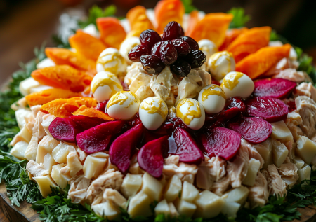 «Оливье» отдыхает: салат «Павлиний хвост» — яркие слои вместо консервов, на вкус — небо и земля