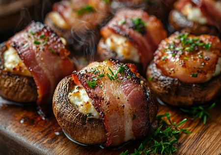 Буду готовить на Новый год за 10 минут: фаршированные шампиньоны в беконовой шубке — чумовая закуска из 3 ингредиентов