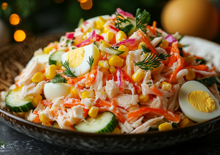 Заменила обычный крабовый салат ярким «Серпантином». Рецепт для новогоднего стола на радость и удачу — просто и без заморочек