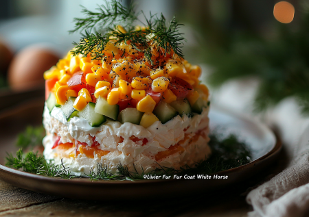 Укладываю слоями и жду боя курантов. Салат «Белая лошадь» принесет удачу и деньги в Новый год