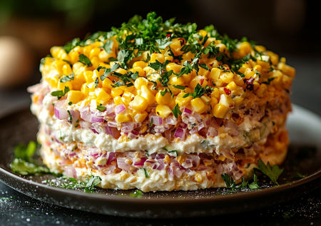 Салат на Новый год «Рыбка» — слоеный и очень простой: фишка — в маринованном лучке