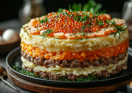 Никаких скучных запеканок и оливье. Слоеный торт «Три мяса» — необычная закуска на новогодний стол