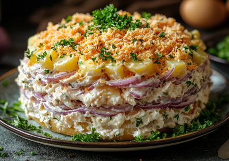 Нежный салат с курицей и маринованным луком: элементарный рецепт, выглядит празднично