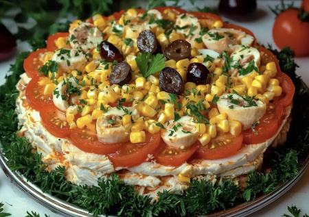 Готовлю на каждый Новый год за 10 минут: закусочный торт «Павлин-мавлин» — оливье и шуба, гуд-бай!